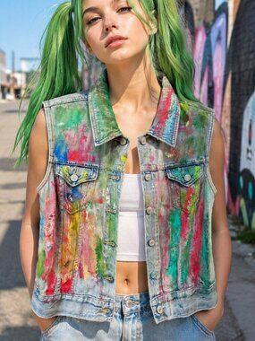 Levis denim Vest Size Medium Hand Painted Jean Distressed painterly Art Abstract